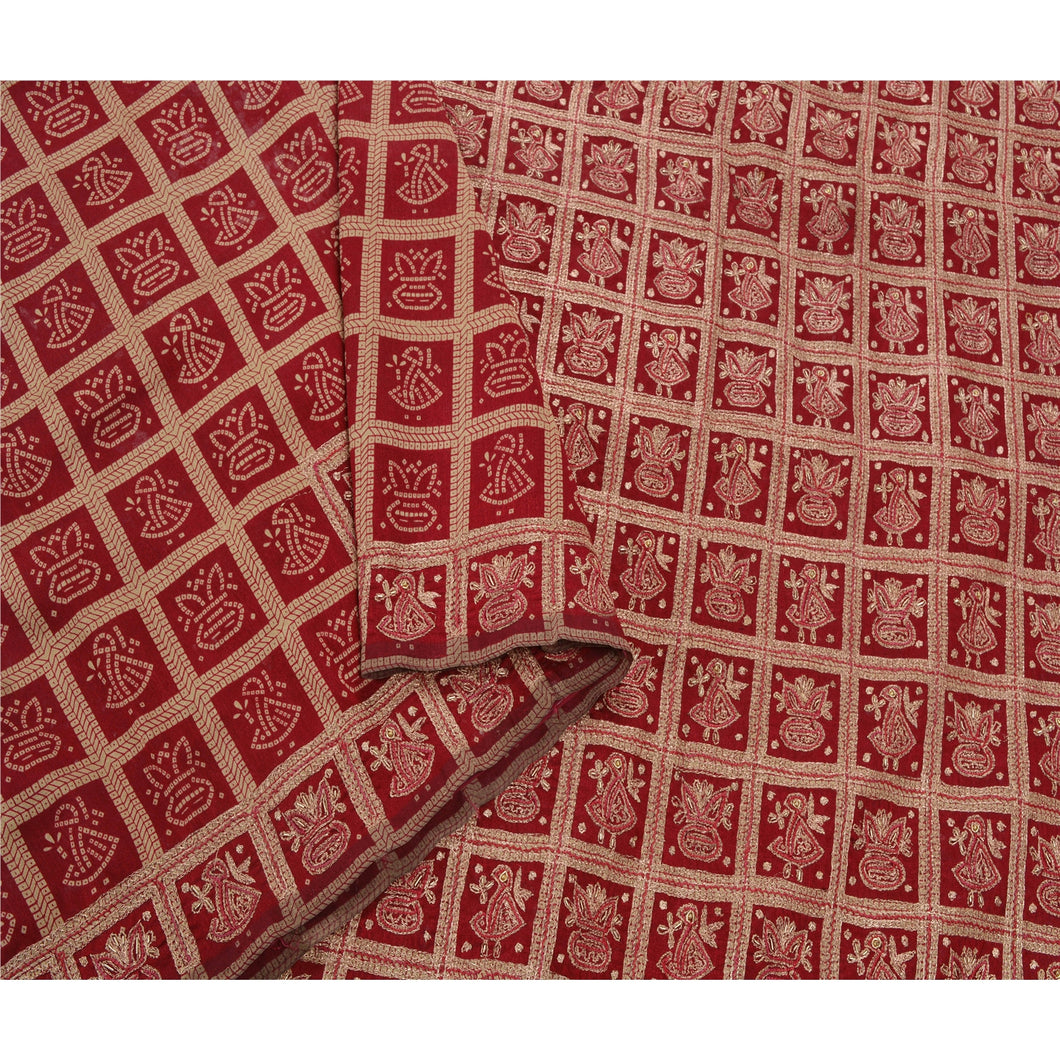 Sanskriti Vintage Dark Red Sarees Art Silk Hand Beaded Craft Fabric Premium Sari
