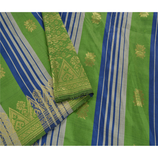 Sanskriti Vintage Green Saree Art Silk Brocade Woven Craft Sustainable Fabric Premium Sari