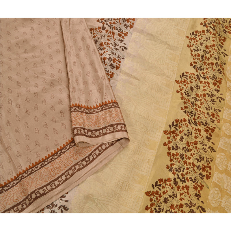 Sanskriti Vintage Fawn Saree 100% Pure Silk Woven Craft Sustainable Fabric 5 Yard Sari