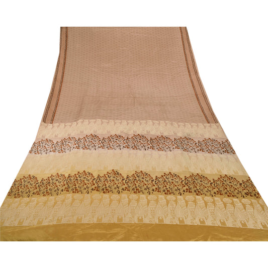 Sanskriti Vintage Fawn Saree 100% Pure Silk Woven Craft Sustainable Fabric 5 Yard Sari