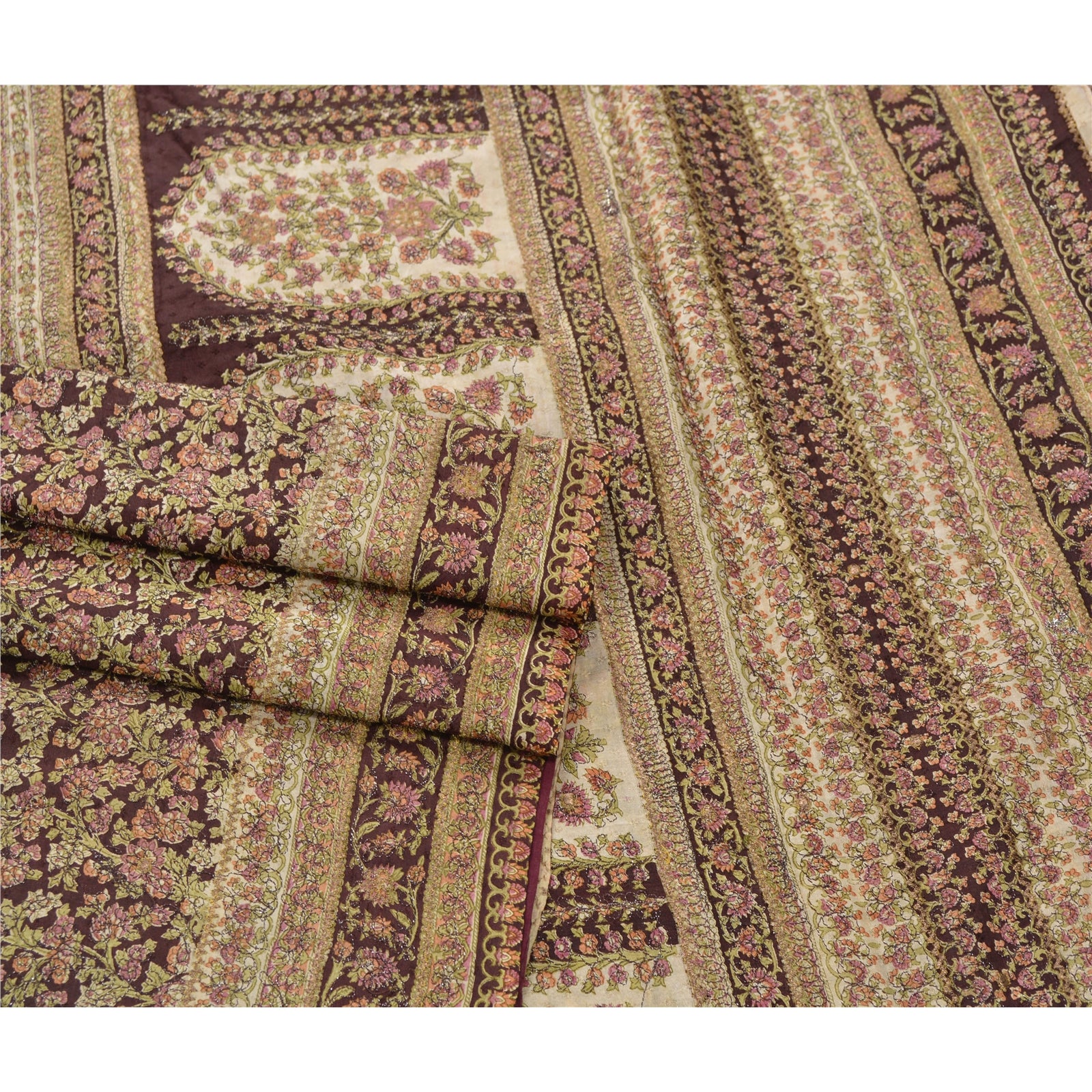 Санскритские винтажные коричневые сари из чистого шелка с вышивкой из экологически чистой ткани для рукоделия, 5 ярдов сари