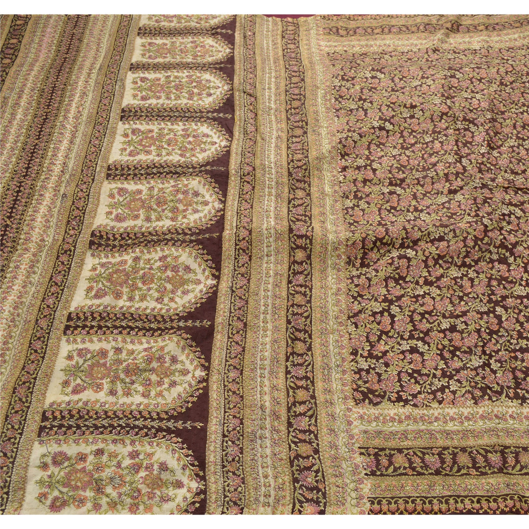 Sanskriti Vintage Brown Sarees Pure Silk Embroidered Craft Fabric 5 Yard Sari