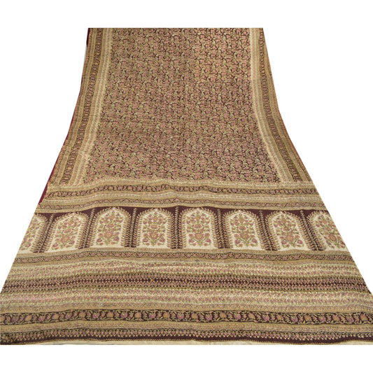 Sanskriti Vintage Brown Sarees Pure Silk Embroidered Craft Sustainable Fabric 5 Yard Sari
