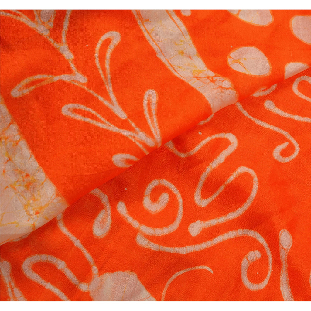 Sanskriti Vintage Saree 100% Pure Silk Orange & Cream Saree Batik Work 5+Yd Craft Fabric Create-Floral Dresses, Kaftans, Skirts, Projects