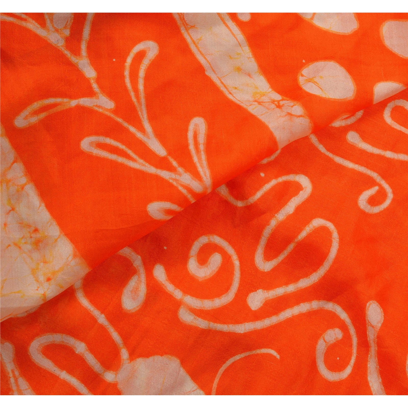 Sanskriti Vintage Saree 100% Pure Silk Orange & Cream Saree Batik Work 5+Yd Craft Fabric Create-Floral Dresses, Kaftans, Skirts, Projects
