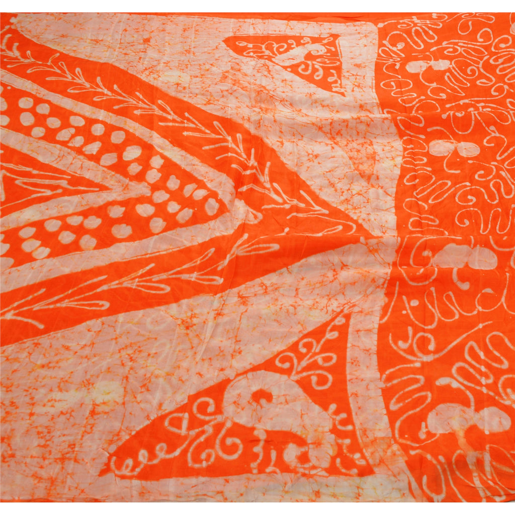 Sanskriti Vintage Saree 100% Pure Silk Orange & Cream Saree Batik Work 5+Yd Craft Fabric Create-Floral Dresses, Kaftans, Skirts, Projects