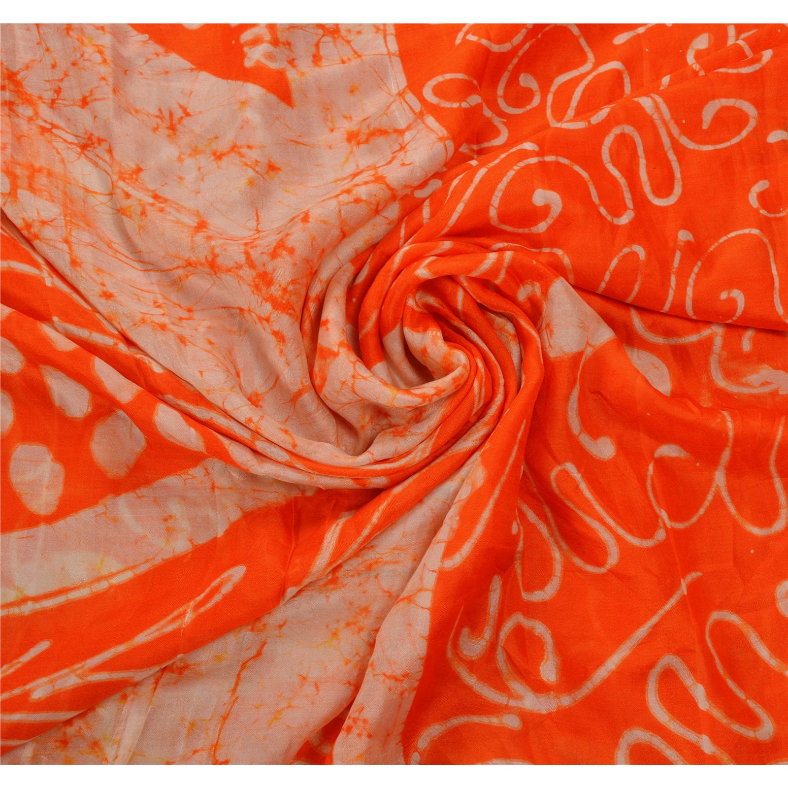 Sanskriti Vintage Saree 100% Pure Silk Orange & Cream Saree Batik Work 5+Yd Craft Fabric Create-Floral Dresses, Kaftans, Skirts, Projects