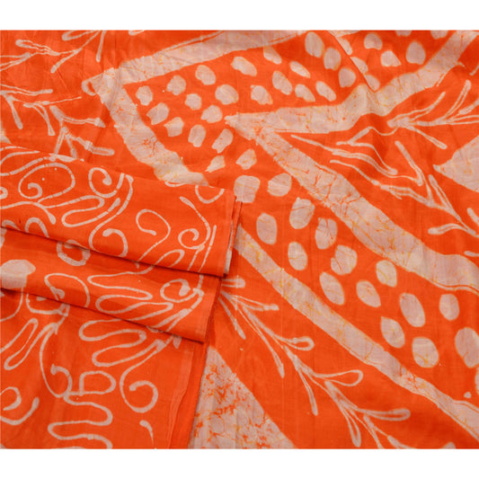 Sanskriti Vintage Cream Saree 100% Pure Silk Batik Work Craft Sustainable Fabric 5 Yard Sari