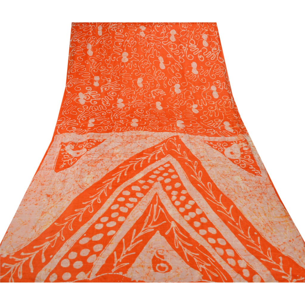 Sanskriti Vintage Saree 100% Pure Silk Orange & Cream Saree Batik Work 5+Yd Craft Fabric Create-Floral Dresses, Kaftans, Skirts, Projects