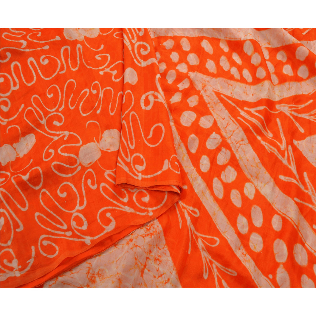 Cream Saree 100% Pure Silk Batik Work Craft Fabric 5 Yard Sari