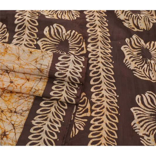 Sanskriti Vintage Cream Saree 100% Pure Silk Batik Work Craft Sustainable Fabric 5 Yard Sari