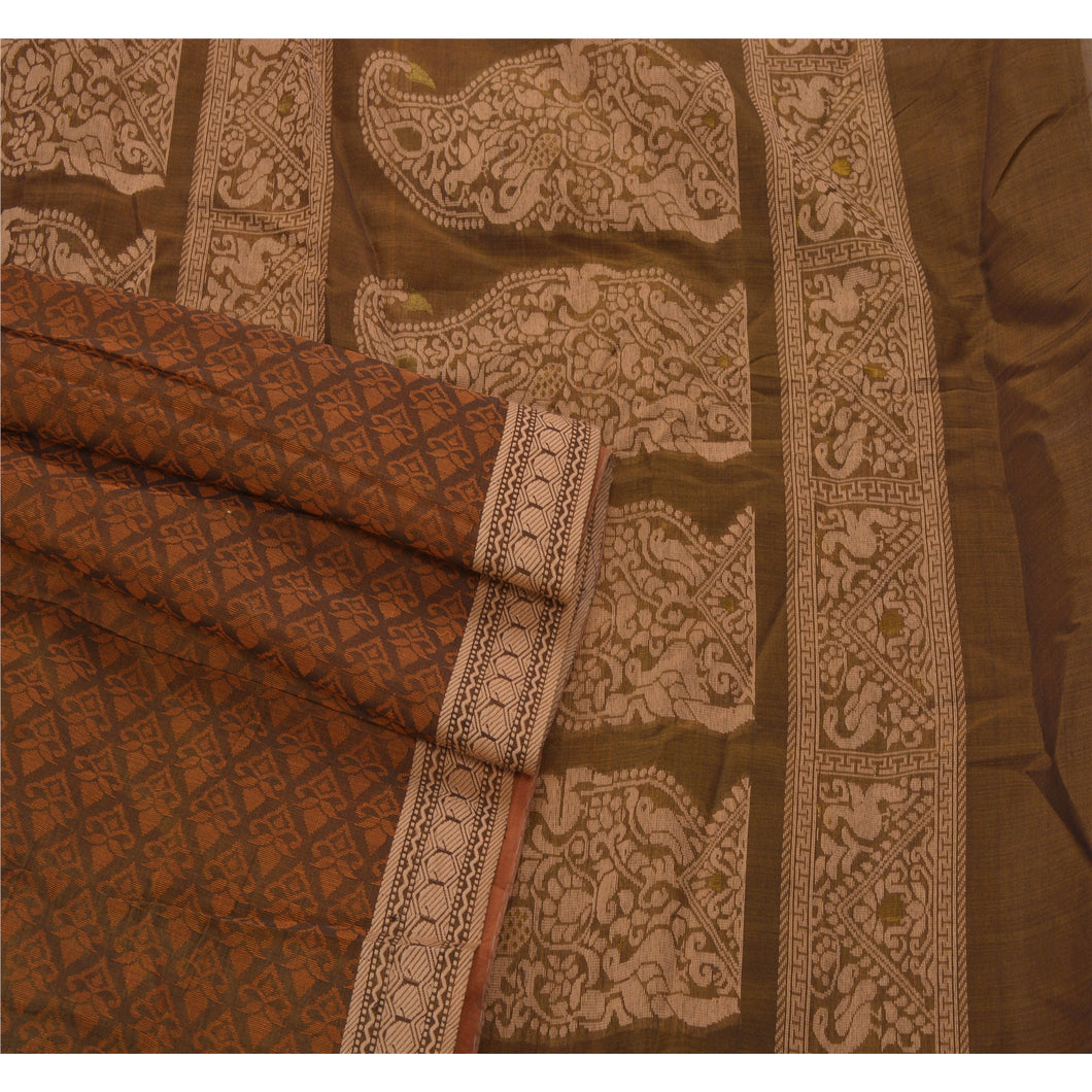 Sanskriti Vinatage Green Saree Blend Cotton Woven Craft Fabric Premium 5 Yd Sari