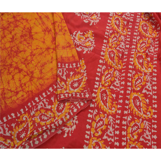 Sanskriti Vintage Yellow Indian Sari 100% Pure Cotton Batik Work Sarees Sustainable Fabric