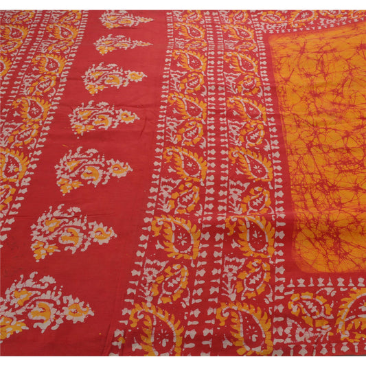 Sanskriti Vintage Yellow Indian Sari 100% Pure Cotton Batik Work Sarees Sustainable Fabric