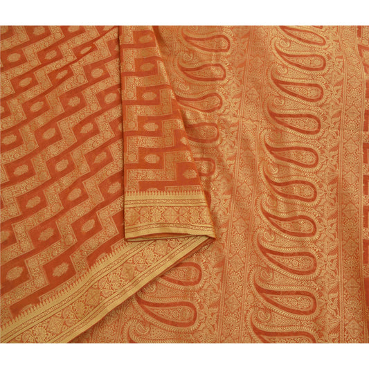 Sanskriti Vintage Orange Saree Organza Woven Craft Sustainable Fabric Premium 5 Yard Sari