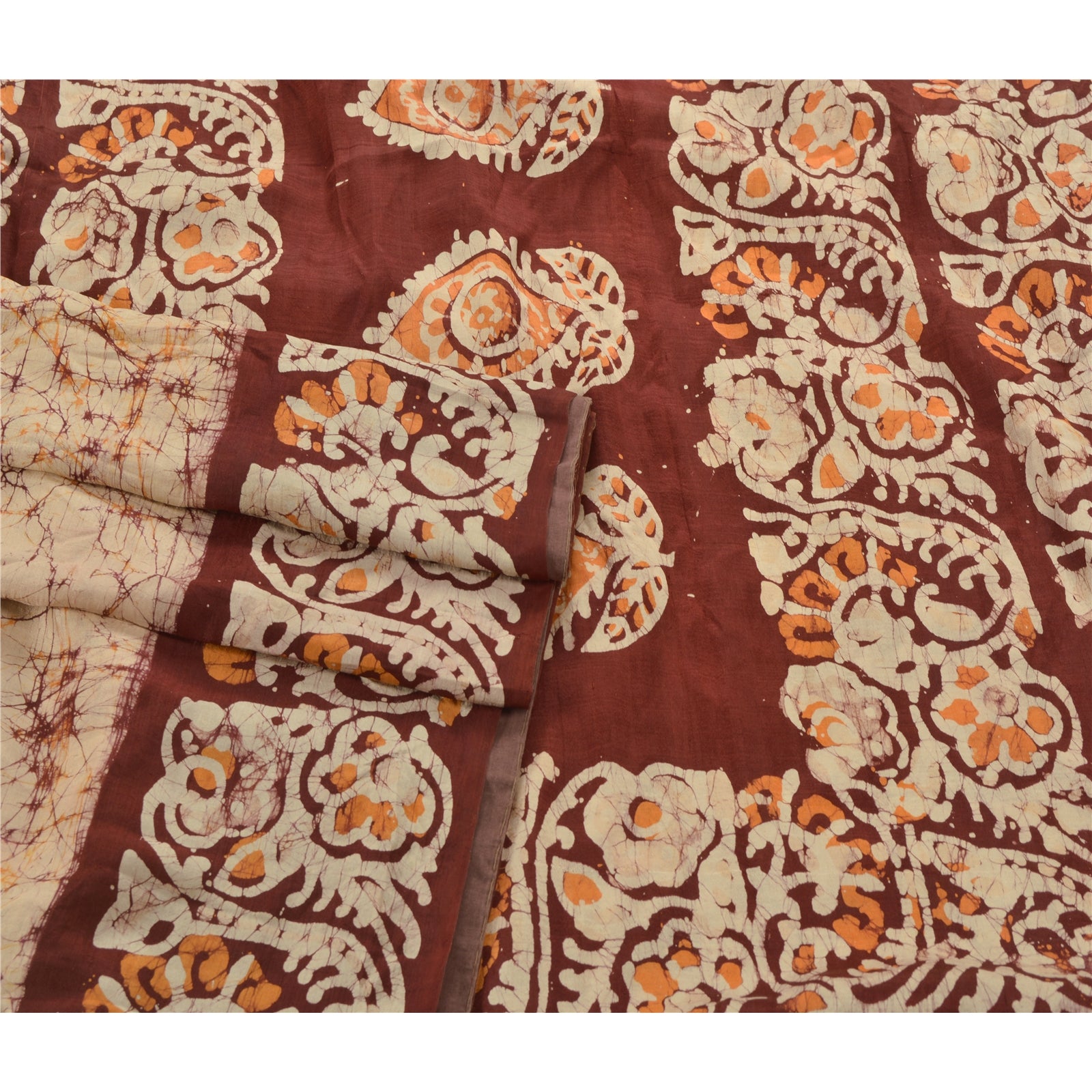 Sanskriti Vintage Cream Saree 100% Pure Silk Batik Work Craft Sustainable Fabric 5 Yd Sari