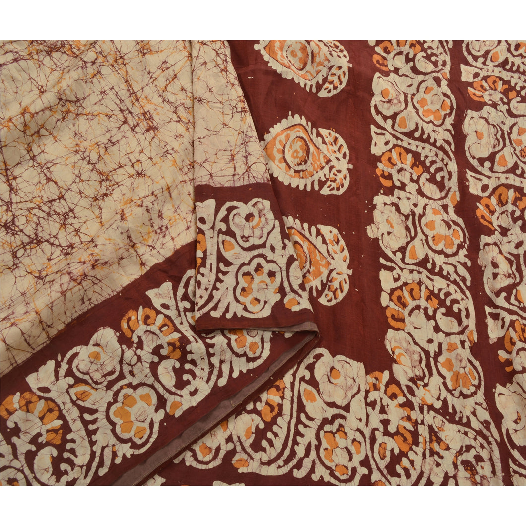 Cream Saree 100% Pure Silk Batik Work Craft Fabric 5 Yd Sari