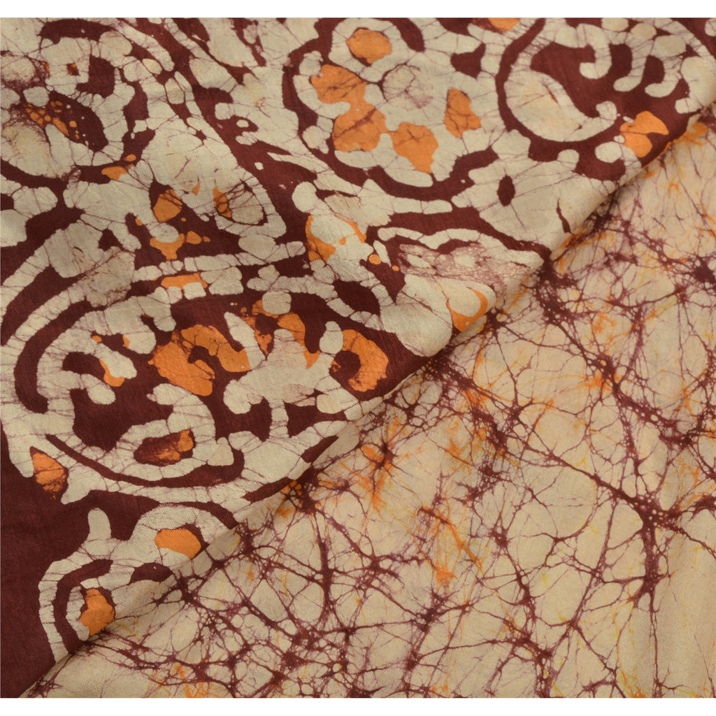 Sanskriti Vintage Cream Saree 100% Pure Silk Batik Work Craft Sustainable Fabric 5 Yd Sari