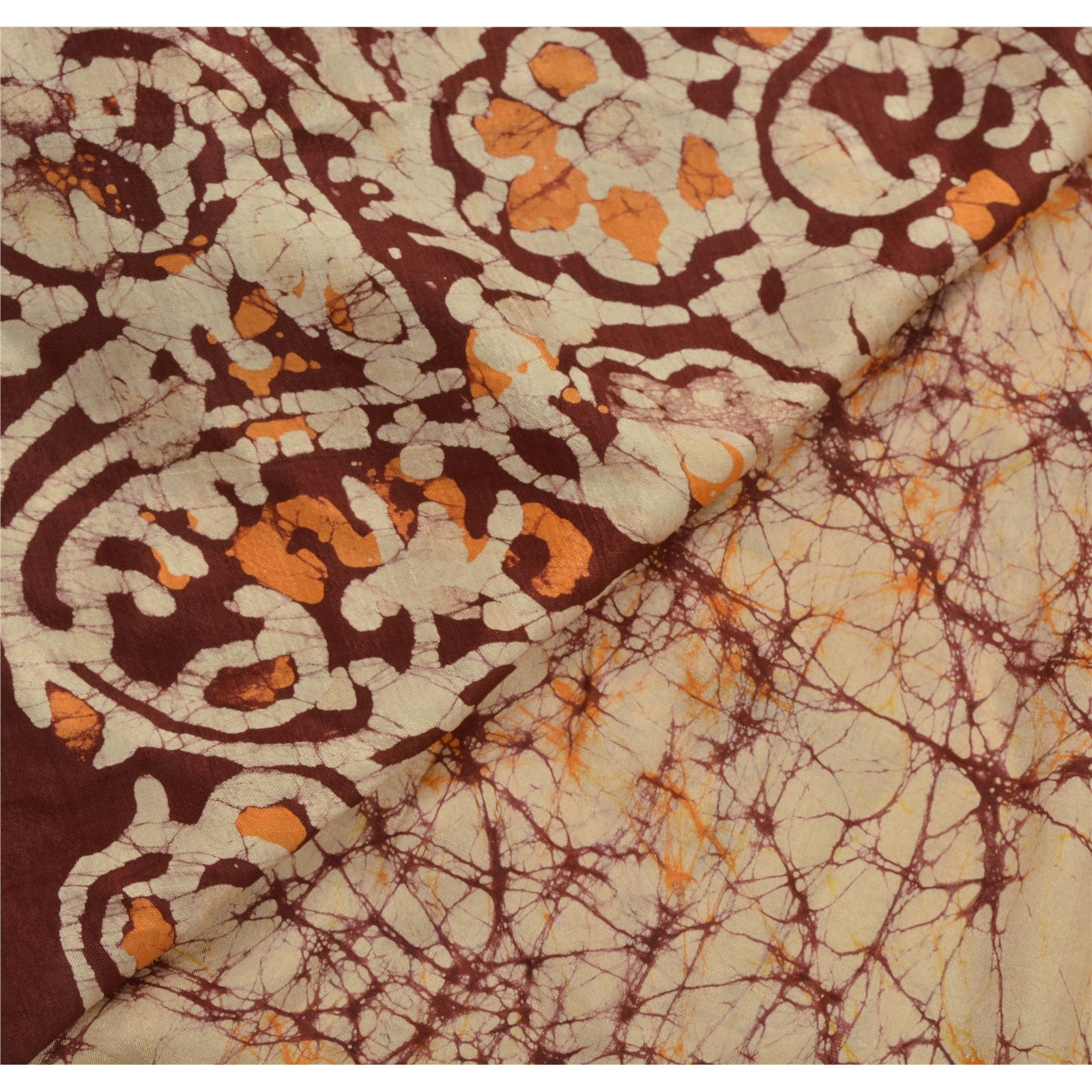 Sanskriti Vintage Cream Saree 100% Pure Silk Batik Work Craft Sustainable Fabric 5 Yd Sari