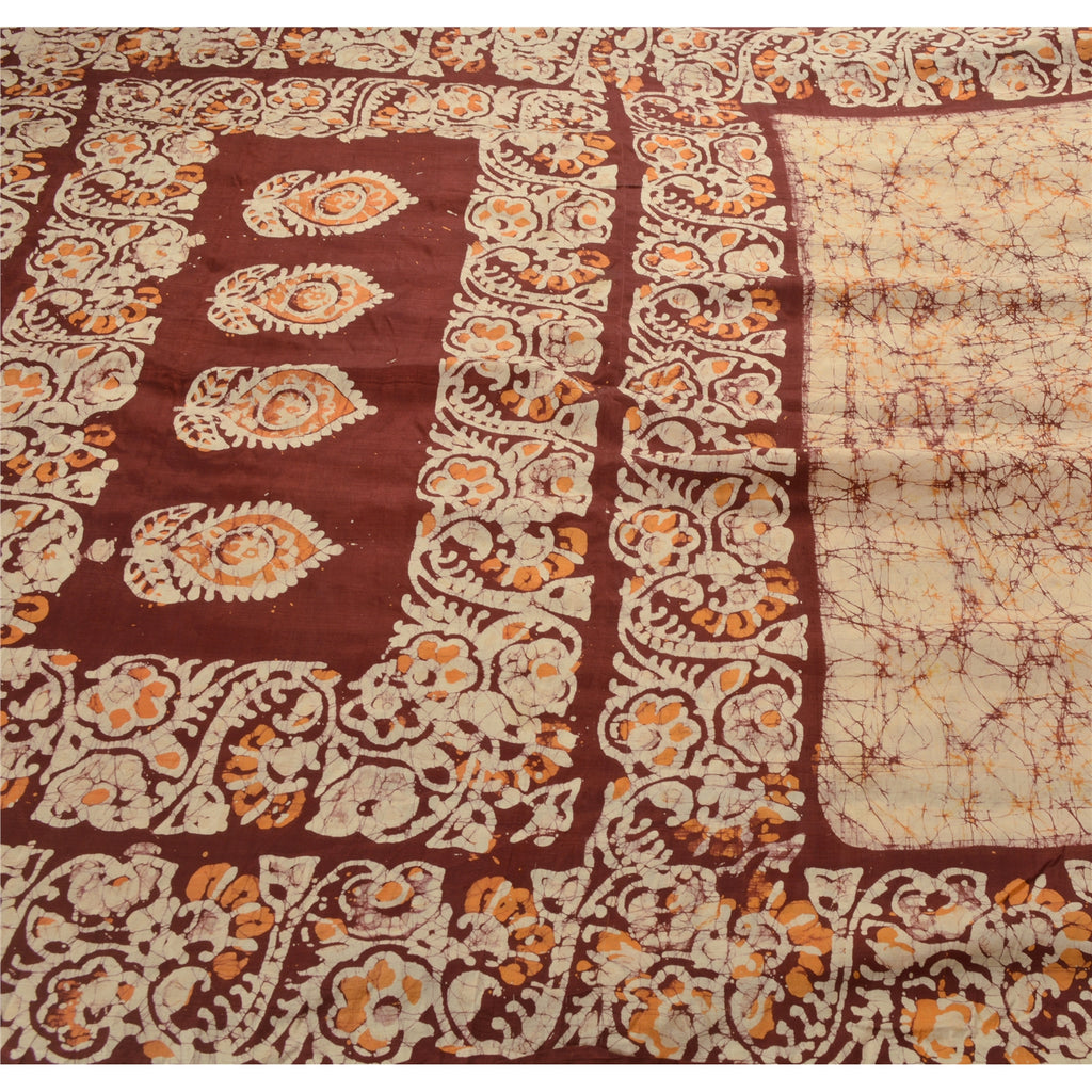 Sanskriti Vintage Cream Saree 100% Pure Silk Batik Work Craft Sustainable Fabric 5 Yd Sari