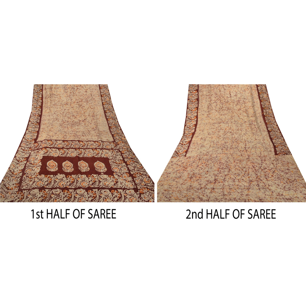Sanskriti Vintage Cream Saree 100% Pure Silk Batik Work Craft Sustainable Fabric 5 Yd Sari