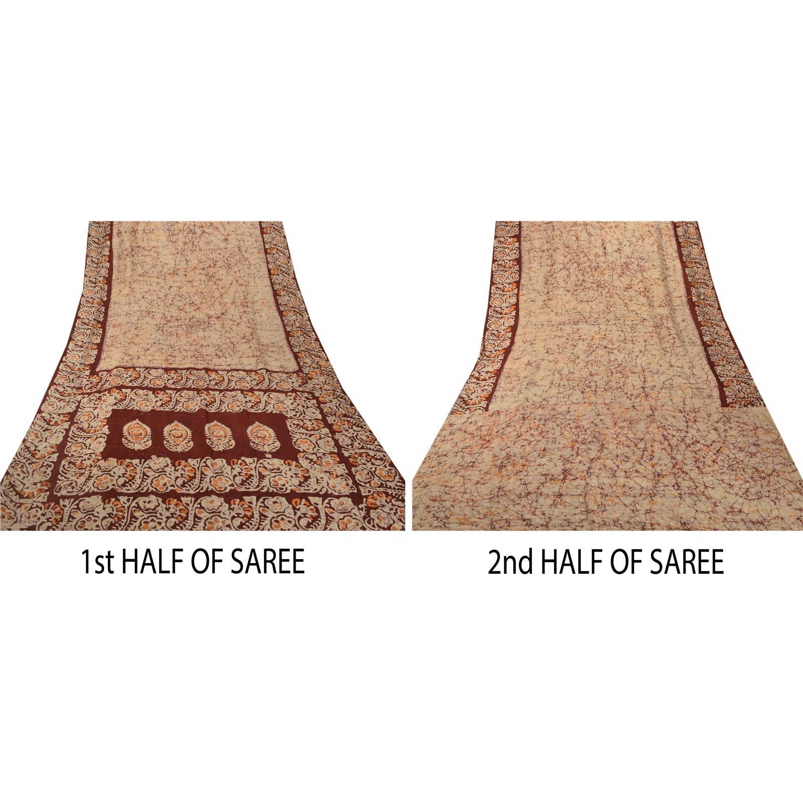 Sanskriti Vintage Cream Saree 100% Pure Silk Batik Work Craft Sustainable Fabric 5 Yd Sari