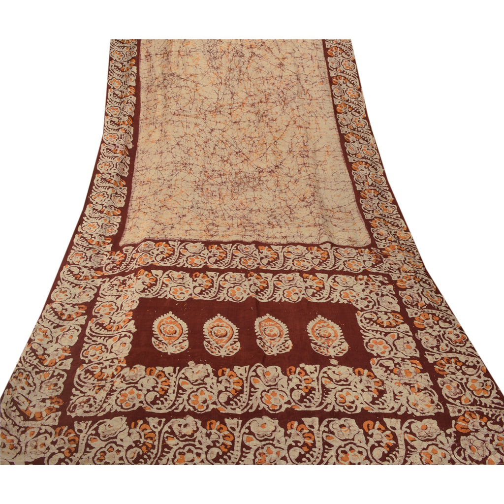 Sanskriti Vintage Cream Saree 100% Pure Silk Batik Work Craft Sustainable Fabric 5 Yd Sari