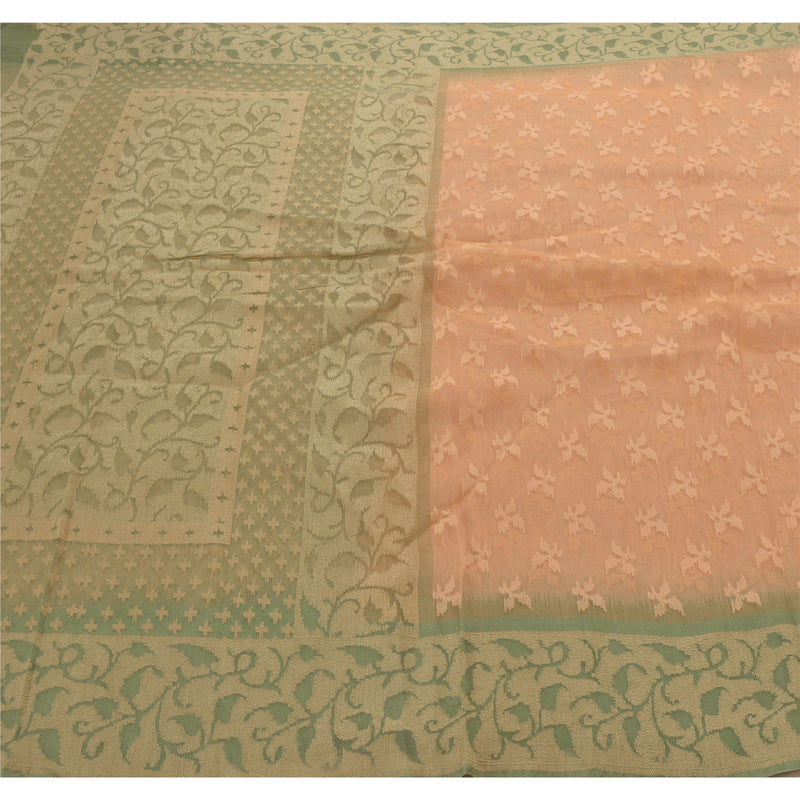 Sanskriti Vintage Fersken Sari 100% Ren Silke Vævet Håndværk Bæredygtigt Stoff Blomster Sari