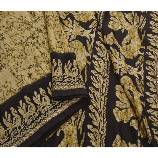 Sanskriti Vintage Cream Saree Art Silk Batik Work Craft Sustainable Fabric Hand Beaded Sari