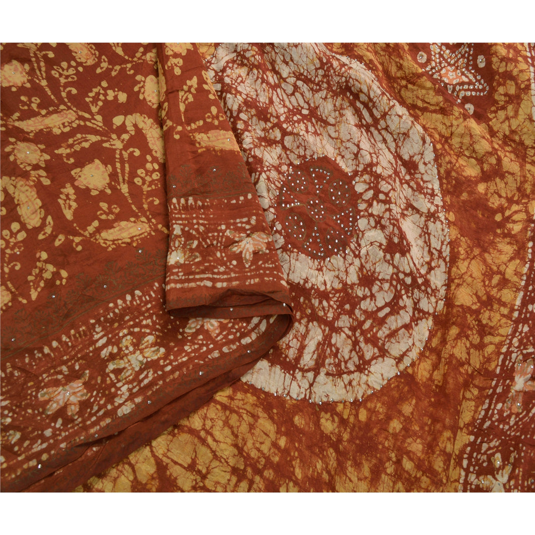 Saree 100% Pure Silk Batik Work Craft Fabric Hand Beaded Sari