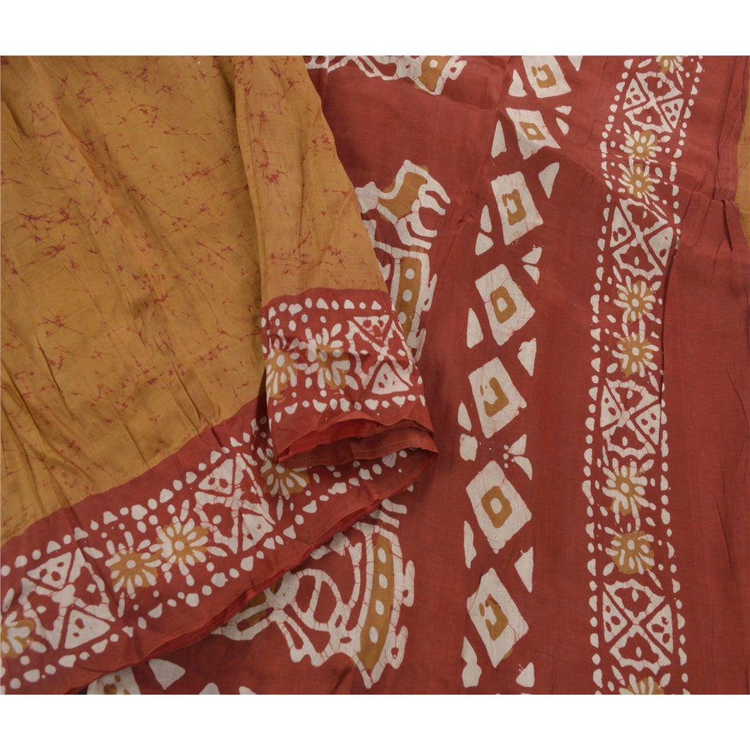 Brown Saree 100% Pure Silk Batik Work Craft Fabric 5 Yd Sari