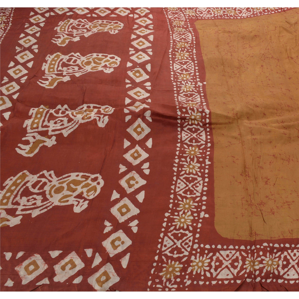Sanskriti Vintage Brown Saree 100% Pure Silk Batik Work Craft Sustainable Fabric 5 Yd Sari