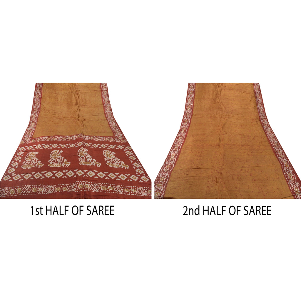 Sanskriti Vintage Brown Saree 100% Pure Silk Batik Work Craft Sustainable Fabric 5 Yd Sari