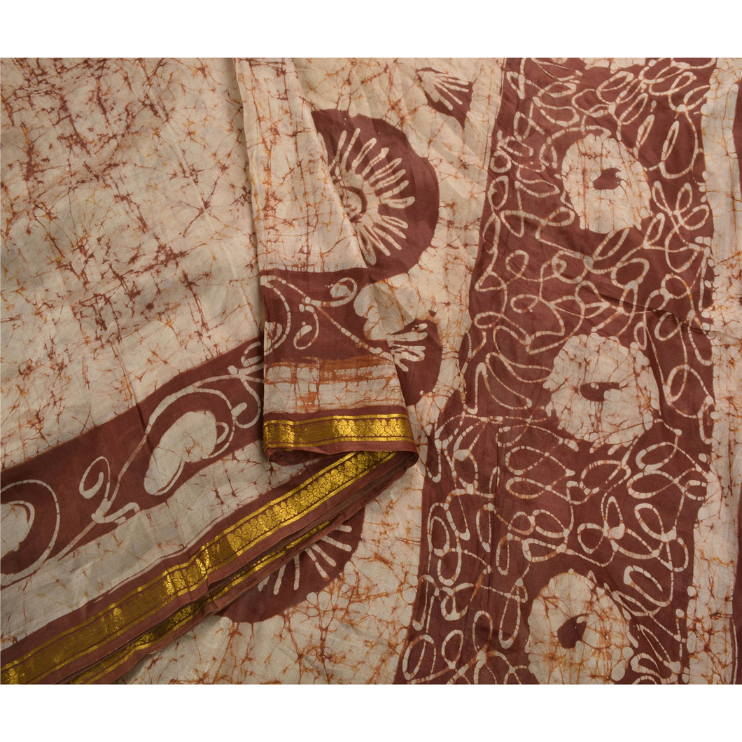 Brown Saree Pure Silk Batik Work Craft Fabric Zari Border Sari