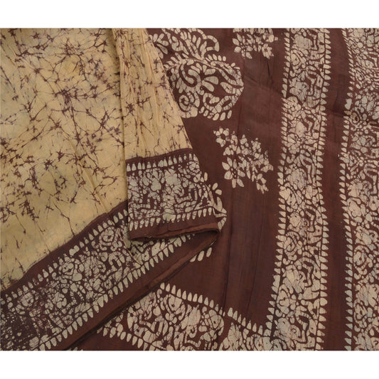 Sanskriti Vintage Cream Indian Sari Pure Silk Batik Work Sarees Craft Sustainable Fabric