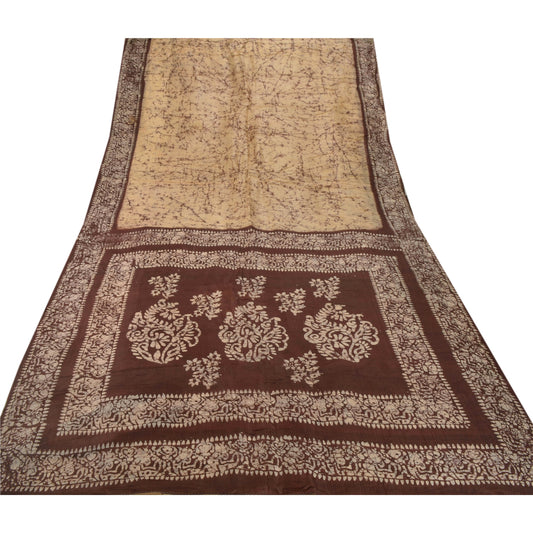 Sanskriti Vintage Cream Indian Sari Pure Silk Batik Work Sarees Craft Sustainable Fabric