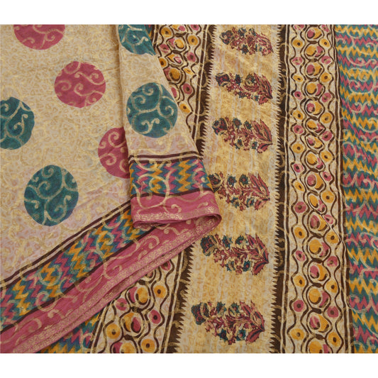 Sanskriti Vintage Cream Indian Sari Blend Georgette Woven Premium Sustainable Fabric Sarees