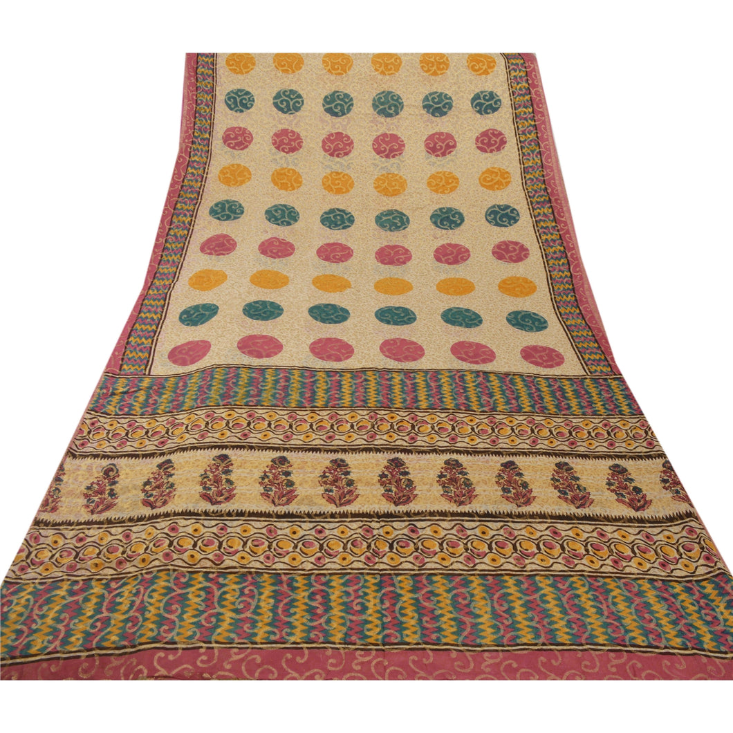 Sanskriti Vinatage Sanskriti Vintage Cream Indian Sari Blend Georgette Woven Premium Fabric Sarees