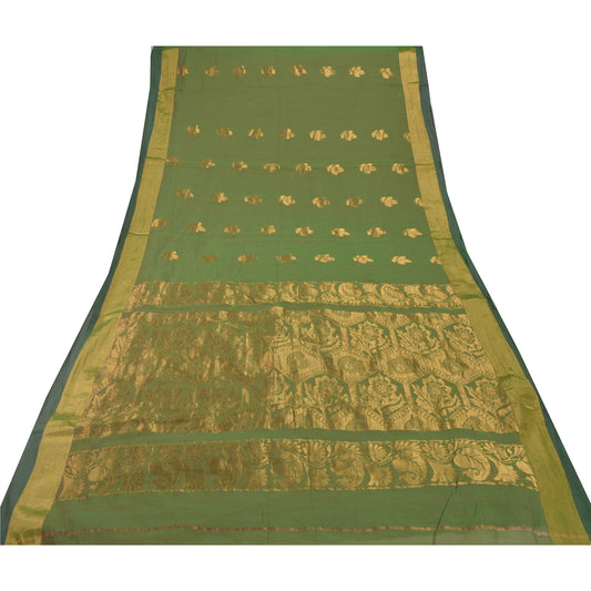 Sanskriti Vintage Green Indian Sari Art Silk Woven Brocade Premium Sustainable Fabric Sarees