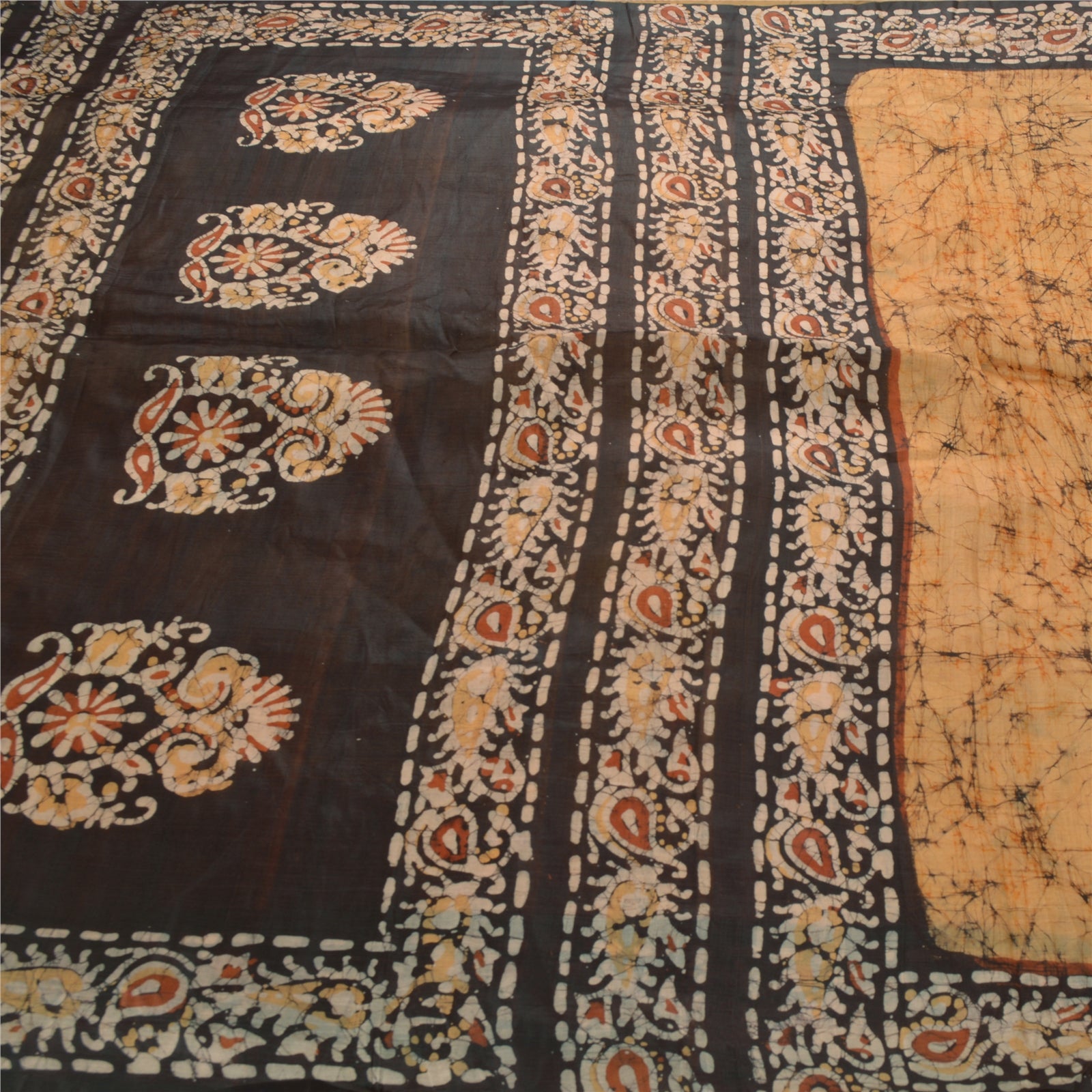 Sanskriti Vintage Cream Saree 100% Pure Silk Batik Work Craft Sustainable Fabric 5 Yd Sari