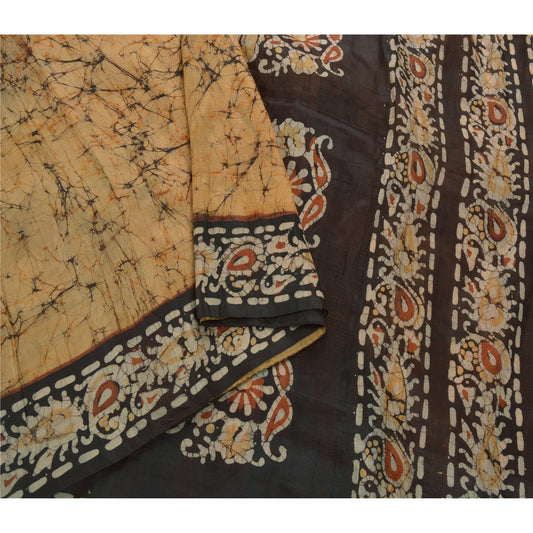 Sanskriti Vintage Cream Saree 100% Pure Silk Batik Work Craft Sustainable Fabric 5 Yd Sari