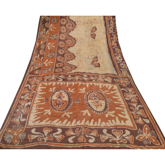 Sanskriti Vintage Cream Saree 100% Pure Silk Batik Work Craft Sustainable Fabric 5 Yd Sari