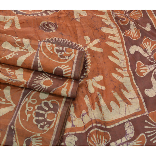 Sanskriti Vintage Cream Saree 100% Pure Silk Batik Work Craft Sustainable Fabric 5 Yd Sari