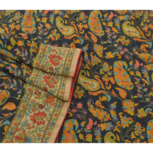 Сари Sanskriti Vintage Green Sarees Georgette Hand Beaded Craft Sustainable Fabric Sari Premium