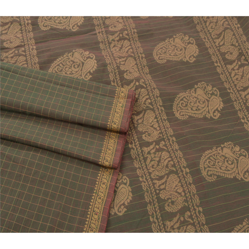 Sanskriti Vintage Green Saree Blend Silk Woven Craft Sustainable Fabric Premium 5 Yard Sari
