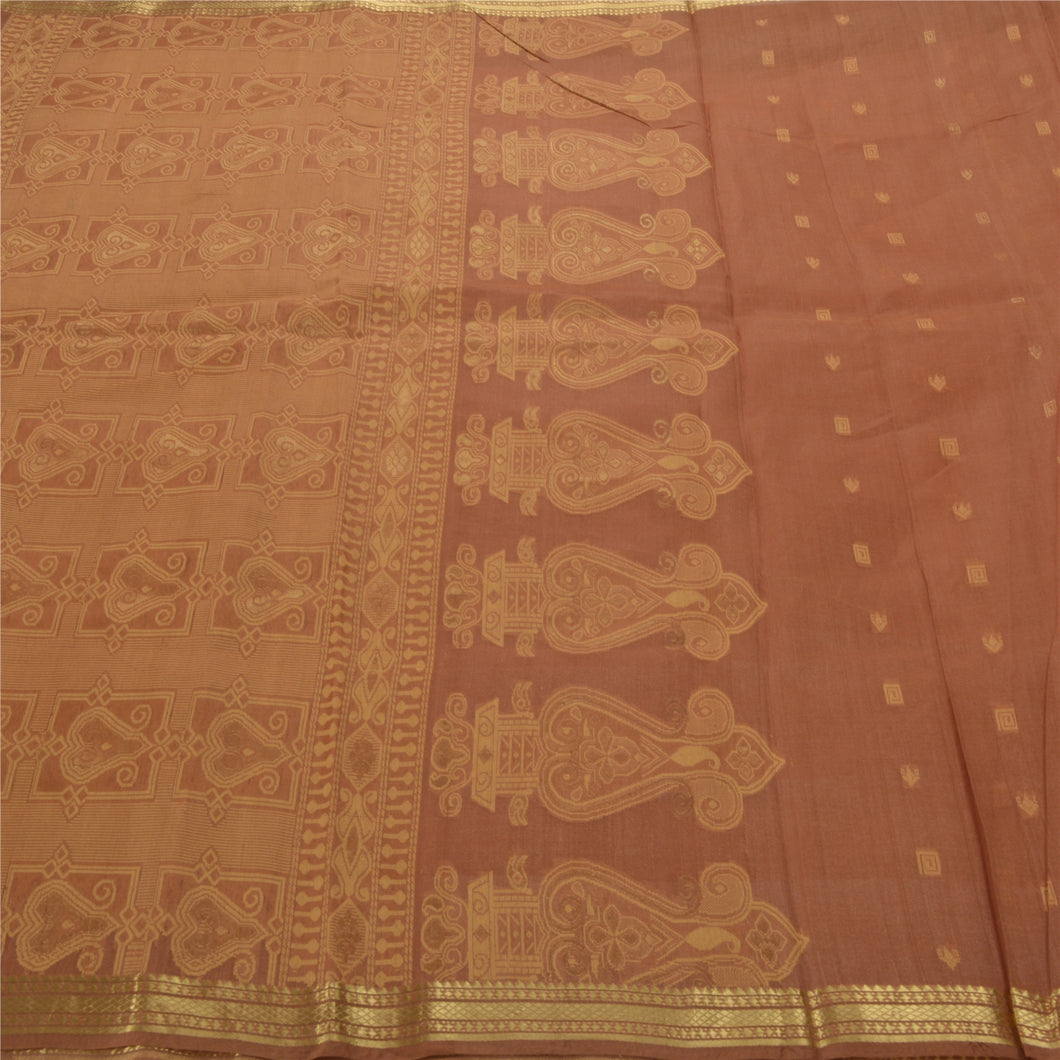 Brown Saree 100% Pure Organza Silk Woven Craft Fabric Sari