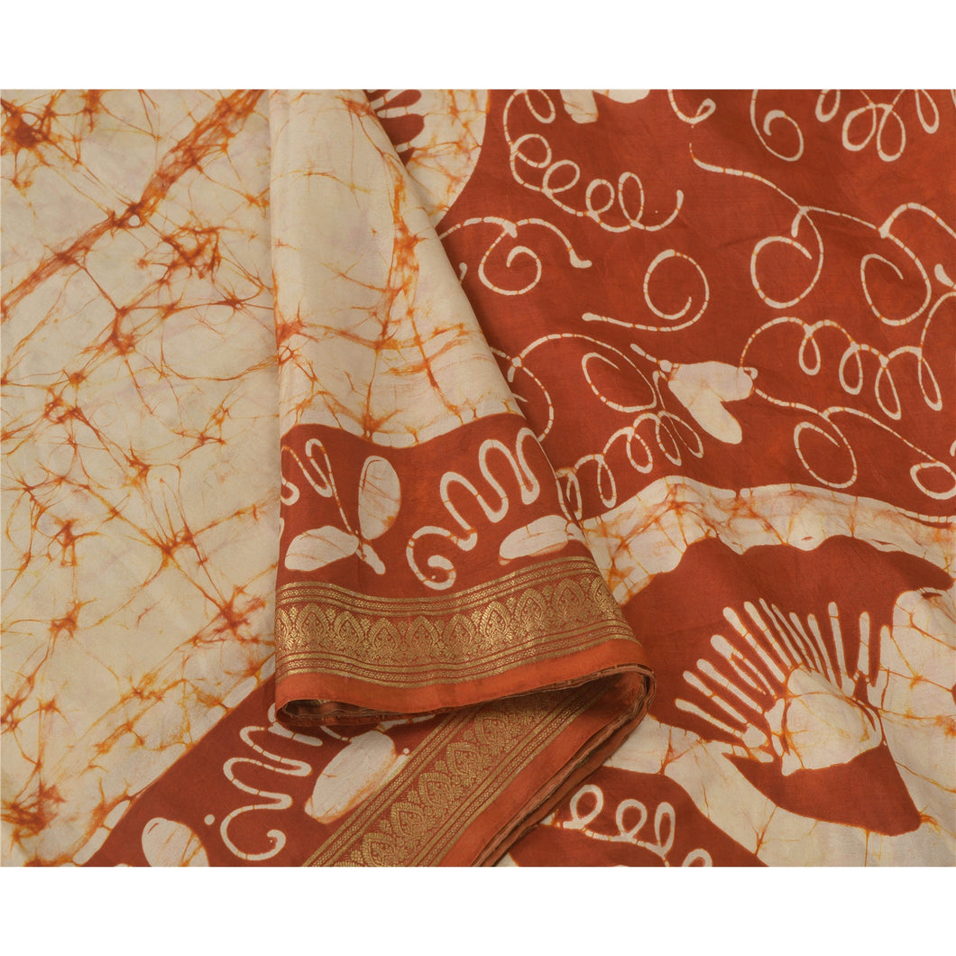 Cream Saree Pure Silk Batik Work Craft Fabric Zari Border Sari