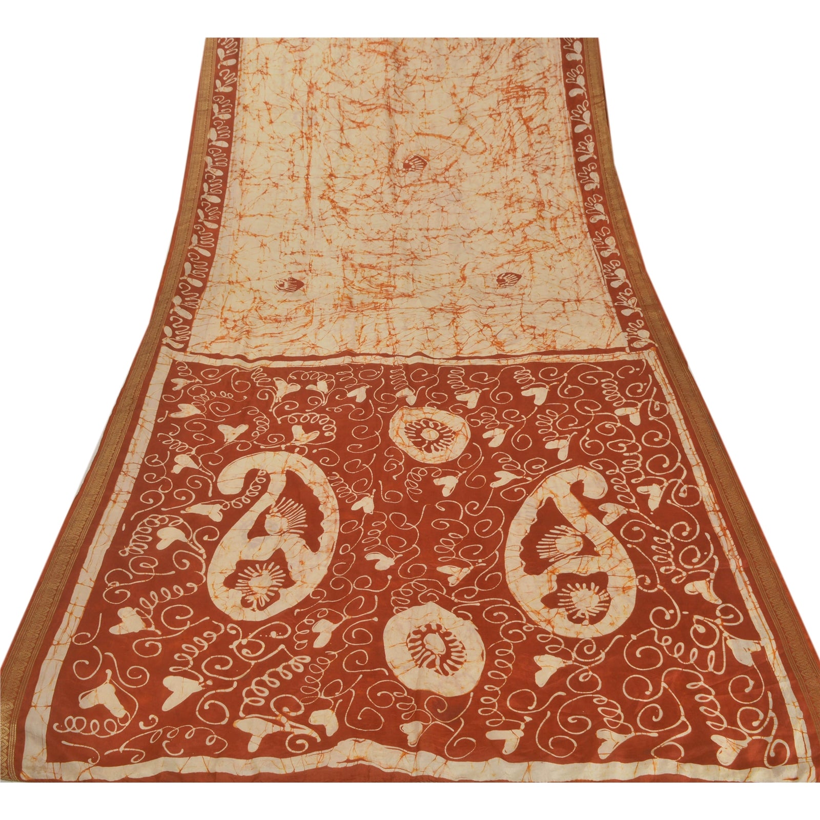 Винтажное кремовое сари на санскрите, чистый шелк, батик, устойчивая ткань для рукоделия, зари, сари с каймой