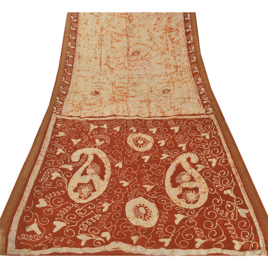 Sanskriti Vintage Cream Saree Pure Silk Batik Work Craft Sustainable Fabric Zari Border Sari