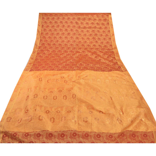 Sanskriti Vintage Orange Indian Sarees Art Silk Woven Craft Sustainable Fabric Premium Sari